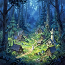 an elven village made of ivory deep in a lush magical blue spruce forest, anime, a fantasy digital painting by Greg Rutkowski and James Gurney, trending on Artstation, highly detailed