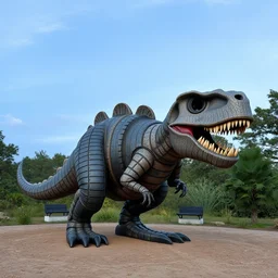 photograph of a tyrannosaurus made of tires, recycled tire sculpture