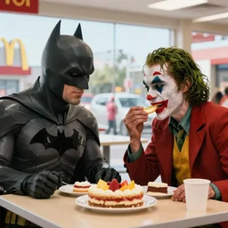 movie scene of batman and joker eating fruits cakes in mcdonald's, worm lighting, sunny day, dark knight ( 2 0 0 8 )