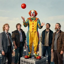 Portrait John Goodman wearing a clown costume whilst juggling a red orb standing atop a skyscraper lucian freud odd nerdrum john hoyland greg rutkowski chris cold andrew wyeth niel welliver peter doig robert rauschenberg mark ryden