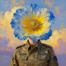 portrait, giant flower as a head, woman in ukrainian military uniform, blue and yellow, surreal photography, golden hour, colorful clouds, impressionist painting, digital painting, artstation, simon stalenhag