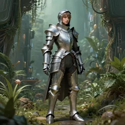full armored female knight errant in a high tech botanical world | solarpunk | artstation | hyperrealistic | high detail | Jules Joseph Lefebvre