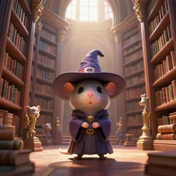 vast library, cute chibi rat wizard, wizard hat, old wizard robe, big bookshelves, 3 d sculpture, 3 d cg, pixar, cel shading, celestial, majestic, cinematic light, soft sunlight through windows