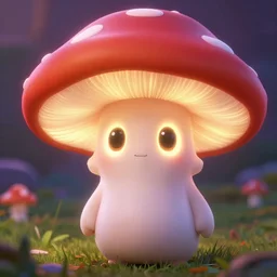 glowing mushroom character with big oval shaped eyes. sharp focus. highly detailed. cute. vibrant colors. pixar.