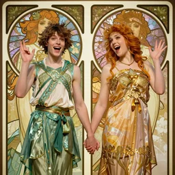 fraternal twins holding hands, boy and girl, enthusiastic and bubbly, erratic air sign, cinematic portrait by artgerm, cushart krenz, greg rutkowski, mucha. art nouveau. gloomhaven, gleaming vibrant colors, sharp edges. ultra clear detailed. 8 k. elegant, intricate, octane render