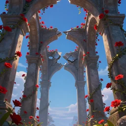 broken arches leading to the pillars of eternity draped with red flowers and vines, blue sky, lens flare, a sense of mystery, cinematic, ultra detailed, intricate, sharp focus, trending on artstation, cartoon illustration by Disney, 8K