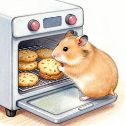 light brown hamster putting cookies into a oven, colorful drawing, pencil