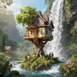treehouse victorian village in a waterfall, by peter mohrbacher dan mumford craig mullins nekro, volumetric light, cgsociety, pixiv, 3 d render
