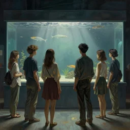 a group of people standing in front of a large aquarium, massurrealism, matte drawing, lovecraftian, american realism, academic art