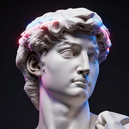 a 3 d render of the head of david statue wearing a neon ring around the head, in the style of michelangelo