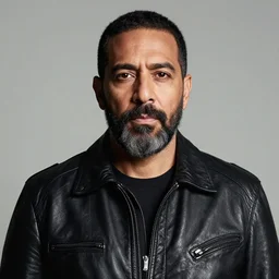 front medium portrait of a middle - aged mexican man with a beard, wearing a black leather jacket, blank background, rembrandt lighting, detailed, sharp focus, by kehinde wiley, kadir nelson
