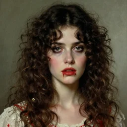 a beautiful but sinister girl who looks like cillian murphy or possibly paloma baeza in layers of fear, with haunted eyes and curly hair, 1 9 7 0 s, seventies, delicate embellishments, a little blood, crimson, painterly, offset printing technique, by jules bastien - lepage