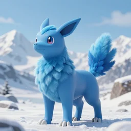 a beautiful electric type pokemon, blue dog with fluffy feathers, full body shot, highly detailed digital art, 3 d perspective, award - winning illustration, aesthetic, epic, smooth, pokemon style, made by greg rutkowski, with snowy mountain landscape in the background