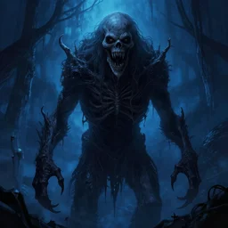 a scary monster, illustrated by greg rutkowski, cgsociety, artist interpretation, artstation, contemporary art, 4 k, 8 k, artstation digital, artstation horror, trending on behance, lovecraftian art style, dark blue atmosphere, vignette, beautiful lighting, illustrated by h. r. giger and gaston bussiere, trending on artstation, cgsociety contest winner, 4 k, 8 k