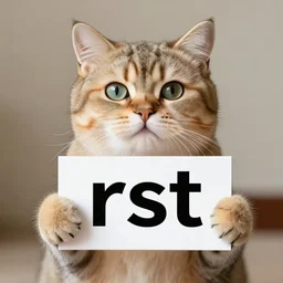 realistic high quality photo of a cute cat holding a sign with text that reads : rst