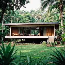 a splendid tropical modernist house designed by Geoffrey Bawa in the middle of a jungle in Goa, photographed by Harry Gruyaert, shot on large format film camera, beautiful lighting, trending on VSCO,