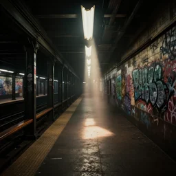 dimly lit urban american subway station with graffiti, heavenly light, 3 d, very detailed, octane render, trending artstation, artgem, cgisociety