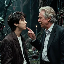 film still of jungkook talking passionately with bryan cranston in cosmic horror! the musical by david cronenberg, horror sci fi, 3 5 mm film, atmospheric, ultra fine detail, film grain, photorealistic, dramatic lighting
