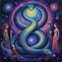 a beautiful painting of a serpent cosmic dmt entity of the upper planes by mynameistran and artgerm and wlop and loish and alex grey and wlop and wes anderson and spike jonze, trending on artstation, loving and forgiving, wrapped in cosmic infinity