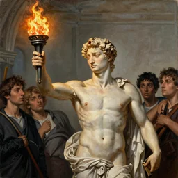 painting of Yair Lapid holding a torch with a burning flame with a group of people, in the style of Michaelangelo