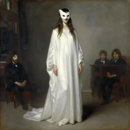 an oil painting of a tall person in flowing white robes wearing a white venetian carnival mask standing in a hazy, gloomy, dark room, in the style of john singer sargent, greg rutkowski, maxfield parrish and alphonse mucha