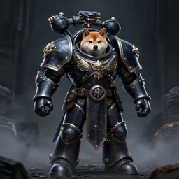 warhammer 4 0 k god emperor armor, anthropomorphic shiba inu face visible, stuning 3 d render, masterpiece, glowing black aura, foggy dark, by donato giancola and greg rutkowski and wayne barlow and zdzisław beksinski, realistic face