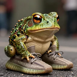 of a toad that looks like kanye but with features of a toad wearing yeezee sneakers, macro lens, shallow depth of field, highly detailed, digital painting, trending artstation, concept art, illustration, cinematic lighting, vibrant colors, photorealism, epic, octane render