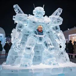ice sculpture. there is a little blonde boy inside a robot made of ice. the ice sculpture is a mecha inspired igloo.