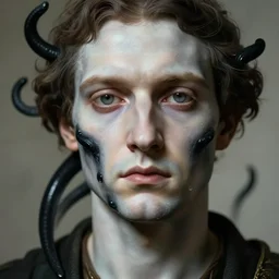 hyper realism close up mythological portrait of a medieval man's face, black tentacles coming out of skin, pale skin, wearing suit, in style of classicism