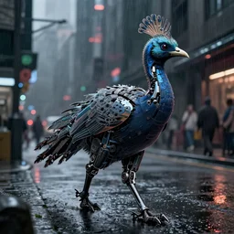 cybernetic cassowary!! walking down the streets on a rainy night, bird!, cyberpunk, post - apocalyptic, realistic, highly detailed, inspired by blade runner, masterpiece, dark, grim, trending on artstation, award winning, lineart, digital art, illustration