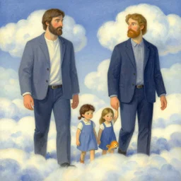 “a family of giants walking with their heads in the clouds, surrealist drawing in color”
