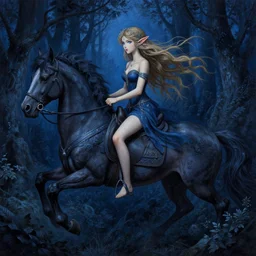 highly detailed painting of an elven fairy riding a horse in the forest, highly detailed, painting, dark blue and black color palette, intricate, high quality anime artstyle, in the style of ilya kuvshinov
