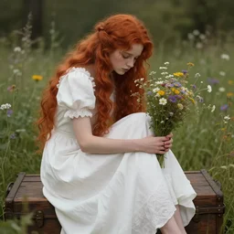 a beautiful red haired melancholic girl in white dress sitting on wooden trunk in a garden holding a bunch of wild flowers, deep focus, d & d, fantasy, intricate, elegant, highly detailed, digital painting, artstation, concept art, matte, sharp focus, 3 d, octane render, hearthstone, well rendered, art by artgerm and greg rutkowski and alphonse mucha