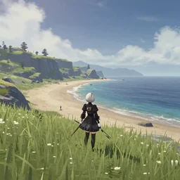 Screenshot from Nier Automata, beautiful landscape at a beach