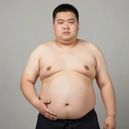 obese man holds exposed big belly for camera, looks at the camera