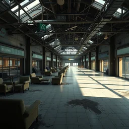 the interior of an abandoned a shopping center with furniture and everything in deterioration, style artstation, style greg rutkowsk, comic art book,, octane render, unreal engine 6, epic game graphics, fantasy, post - apocaliptic, ray tracing