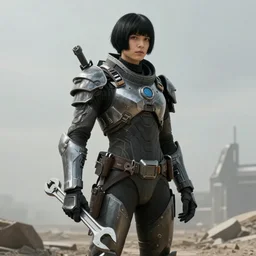 An epic portrait of a concept art sci-fi character, a tall slender man with short black hair on the sides with bangs, wearing a futuristic riot gear armor, in his hands he holds a large wrench and the background is desolate scifi environment. Octane render 4K Arstation HQ.