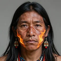 man of q'eros, peru amazon tribe, finely detailed perfect face, exquisite details, fire magic, mid view, design on a white background, by studio muti, greg rutkowski makoto shinkai takashi takeuchi studio ghibli