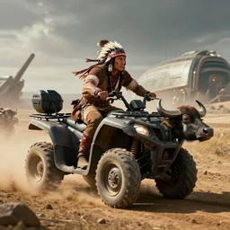 running buffalo chase ,native indian on ancient  atv, attacking, action scene, an epic fantasy, dramatic lighting, cinematic, establishing shot, extremely high detail, photorealistic, cinematic lighting, artstation, octane render, by simon stalenhag, horizon forbidden west and futuristic western
