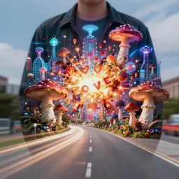 double exposure of dally life, symbols of live, explosion, cyber mushroom city, love is the most relevant theme, love is infinity, love is begin of all, 8 k resolution, artistic mode, artistic, trending on instagram, long exposure, love art, serious, fantasy and dreams vibes, mushrooms style and macro style, colorful picture