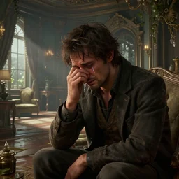 highly detailed portrait of a lonely man crying in a beautiful house, unreal engine, fantasy art by phillippe bouchet