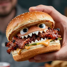 a raging pulled pork sandwich with eyes and shark teeth biting a human hand, close-up, highly detailed, hyper-realistic, unreal engine