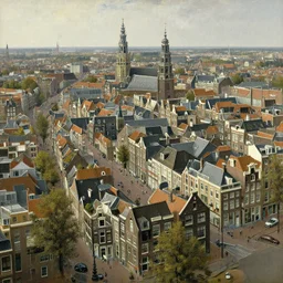 high - quality bird - eye's view painting of the city of amsterdam during the 1 7 th century by johannes vermeer, very detailed, peaceful, oil on canvas