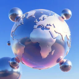 pre - 2 0 0 0 s, 9 0's era cg render of a world with chrome orbs and blue sky. slick futuristic looks, gradients, translucence, and blobitecture. vaporwave, futurism, cyber y 2 k