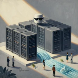 illustration of a data-center architecture or schema, sunglassed security agent, datastream or river, painting by Jules Julien, Leslie David and Lisa Frank and Peter Mohrbacher and Alena Aenami and Dave LaChapelle muted colors with minimalism