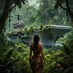 a tribal woman from behind, in front of the aircraft carrier USS Nimitz overgrown with lush vegetation, lush rain forest, post appocalyptic, by Luis Royo, by Greg Rutkowski, dark, gritty, intricate, backlit, strong rim light, cover illustration, concept art, volumetric lighting, volumetric atmosphere, sharp focus, octane render, trending on artstation, 8k