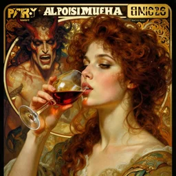 hyperrealistic portrait of a woman as amber heard drinking wine in hell by jeremy mann and alphonse mucha, fantasy art, photo realistic, dynamic lighting, artstation, poster, volumetric lighting, very detailed faces, 4 k, award winning