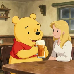 winnie the pooh and a blonde woman enjoying a quiet pint in a rural pub