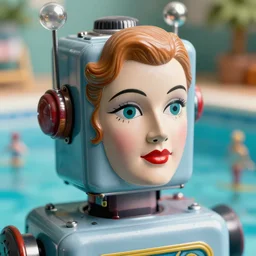 closeup face portrait of a tin toy robot lady 1 9 2 0 s swimmer in a swimming pool, nicoletta ceccoli, mark ryden, lostfish, max fleischer, depth of field, detailed and intricate environment, 8 k resolution, hyperrealistic, octane render
