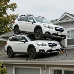 photorealistic 2013 outback Subaru crashed into the roof of a house